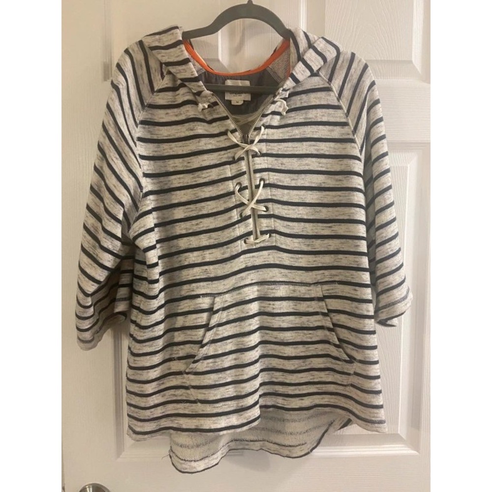 Sperry Womens Gray Navy Striped Lace Up Quarter Zip Hoodie 3/4 Sleeve Medium